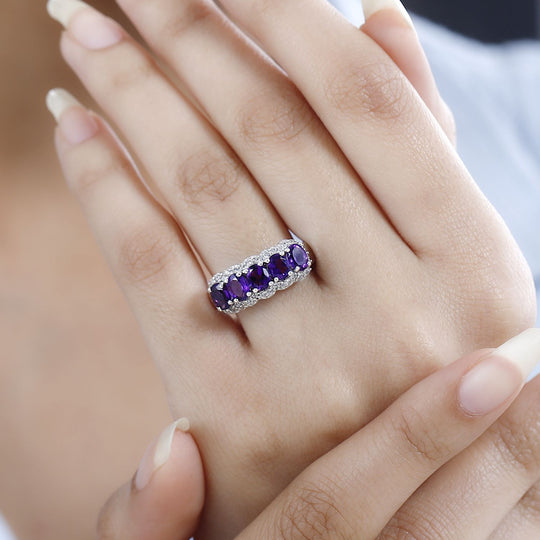 Natürlicher AA Marokkanischer Amethyst, Weißer Zirkon Ring, 925 Silber platiniert ca. 2.13 ct