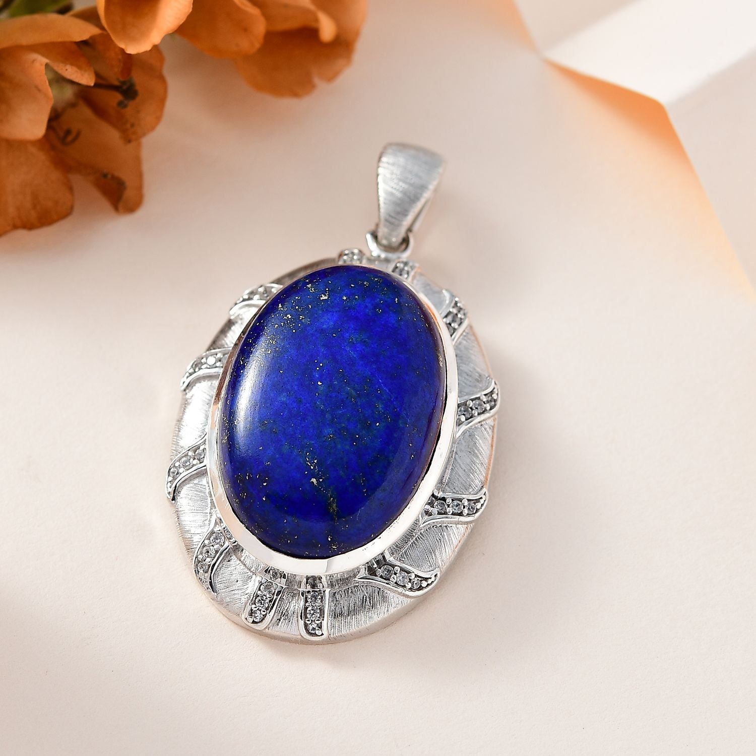 Lapislazuli, Weißer Zirkon Anhänger 925 Silber rhodiniert ca. 50,91 ct.