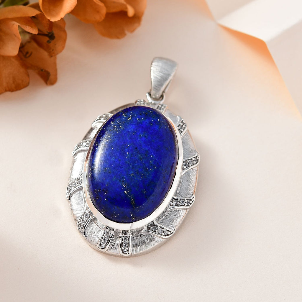 Lapislazuli, Weißer Zirkon Anhänger 925 Silber rhodiniert ca. 50,91 ct.