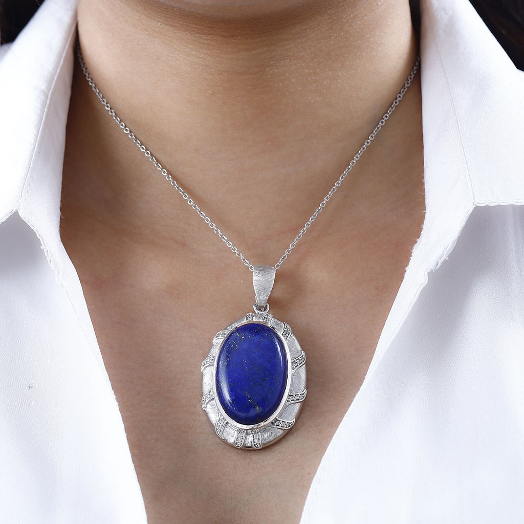 Lapislazuli, Weißer Zirkon Anhänger 925 Silber rhodiniert ca. 50,91 ct.