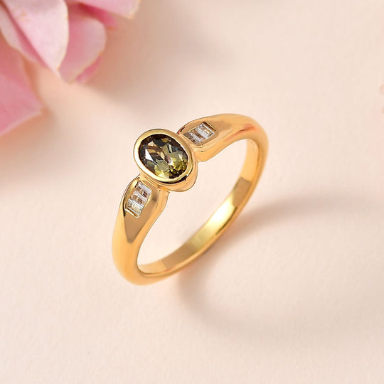 AA Natürlicher goldener Tansanit, Weißer Zirkon Ring 925 Silber Gelbgold Vermeil (Größe 18.00) ca. 0,57 ct