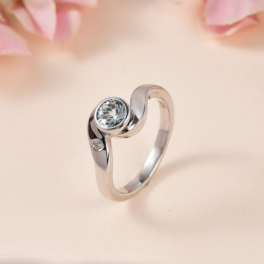 Espirito Santo AA Aquamarin, Weißer Zirkon Ring 925 Silber platiniert ca. 0.44 ct