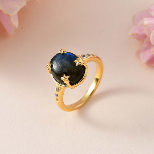 AAA Labradorit, Weißer Zirkon Ring 925 Silber Gelbgold Vermeil ca. 5,95 ct