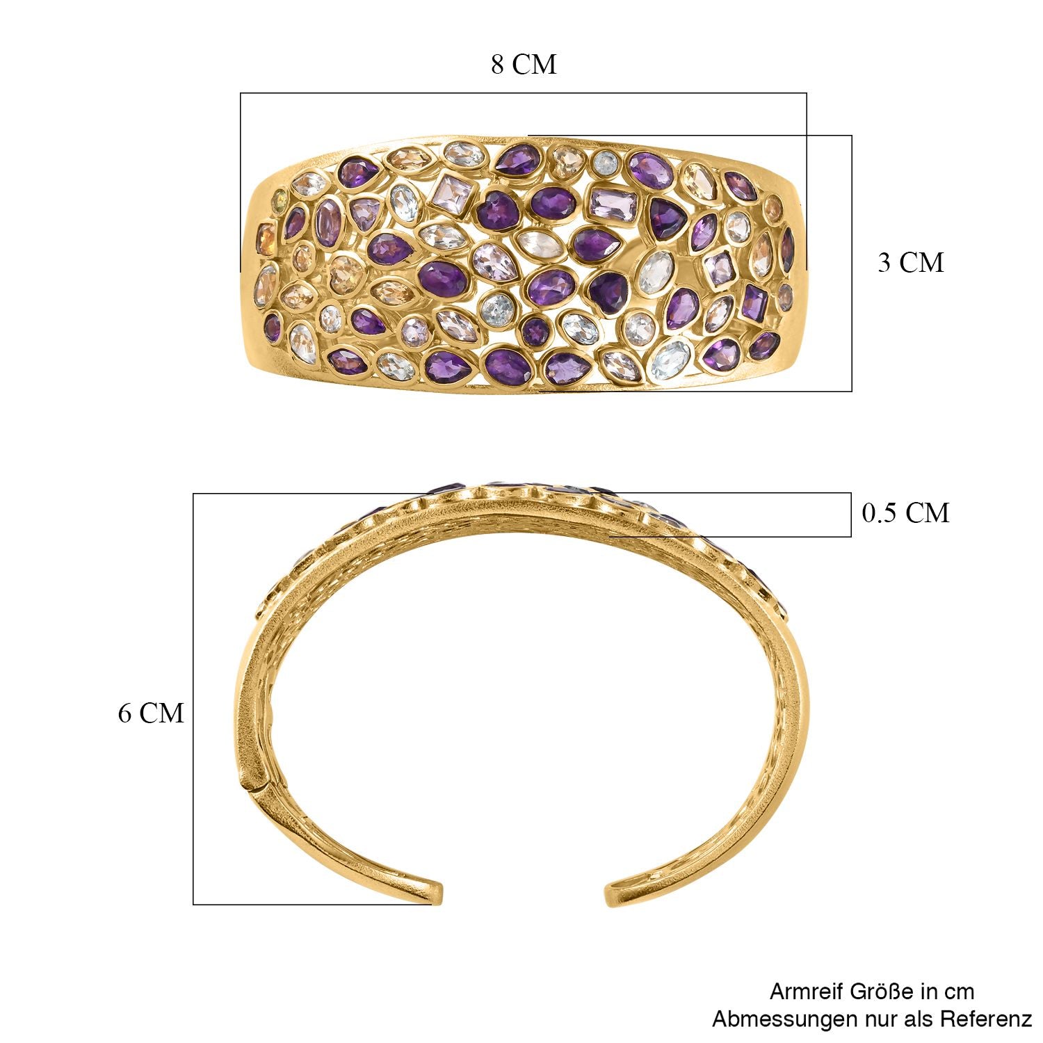 Blau Topas, Afrikanischer Amethyst Armreif ca. 19 cm Messing vergoldet ca. 19,03 ct.