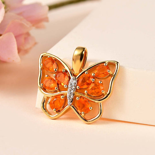 AA Salamanca Feueropal, Weißer Zirkon Anhänger 925 Silber Gelbgold Vermeil ca. 0,96 ct.