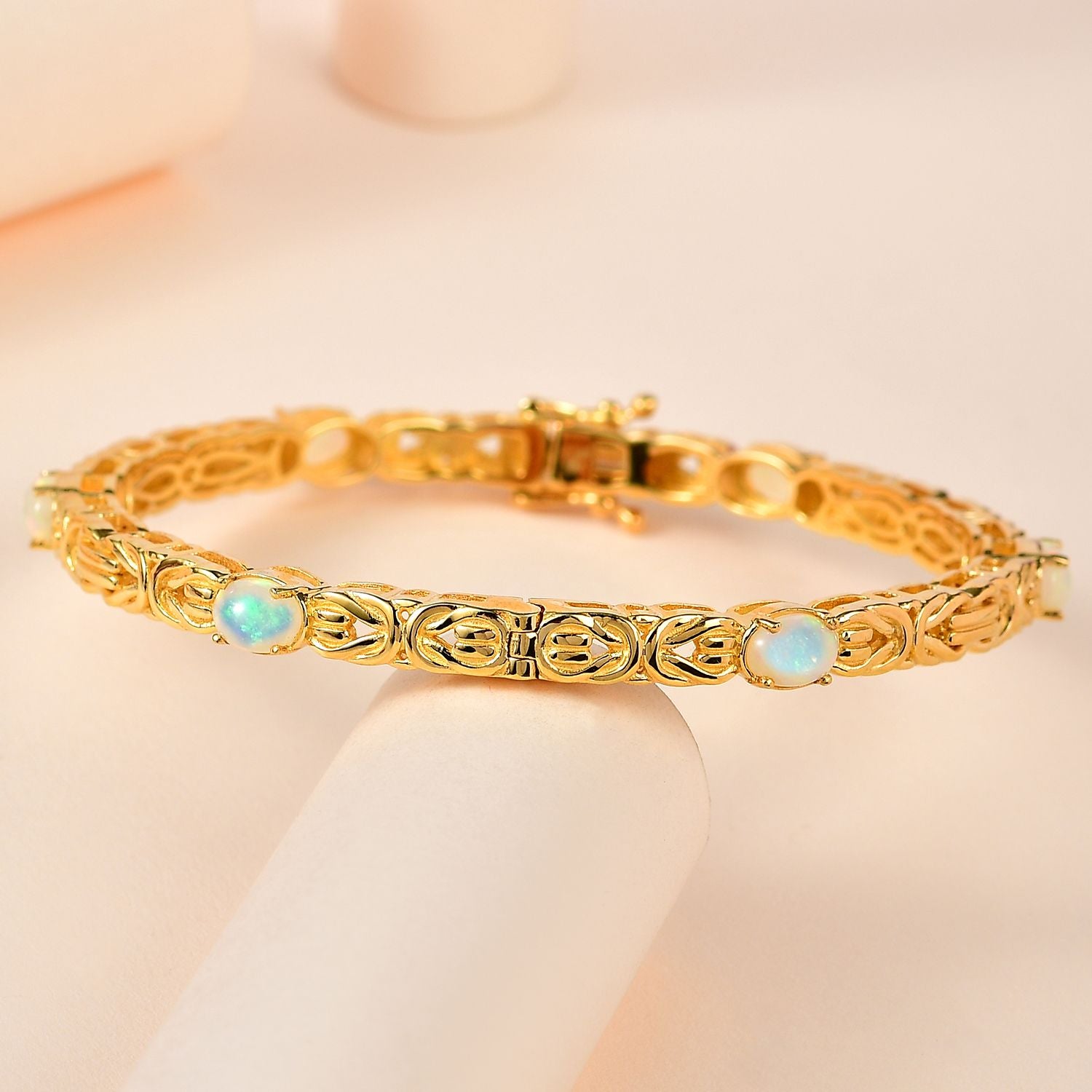 AA Natürlicher, äthiopischer Welo Opal Armreif ca. 19 cm 925 Silber Gelbgold Vermeil ca. 3.18 ct