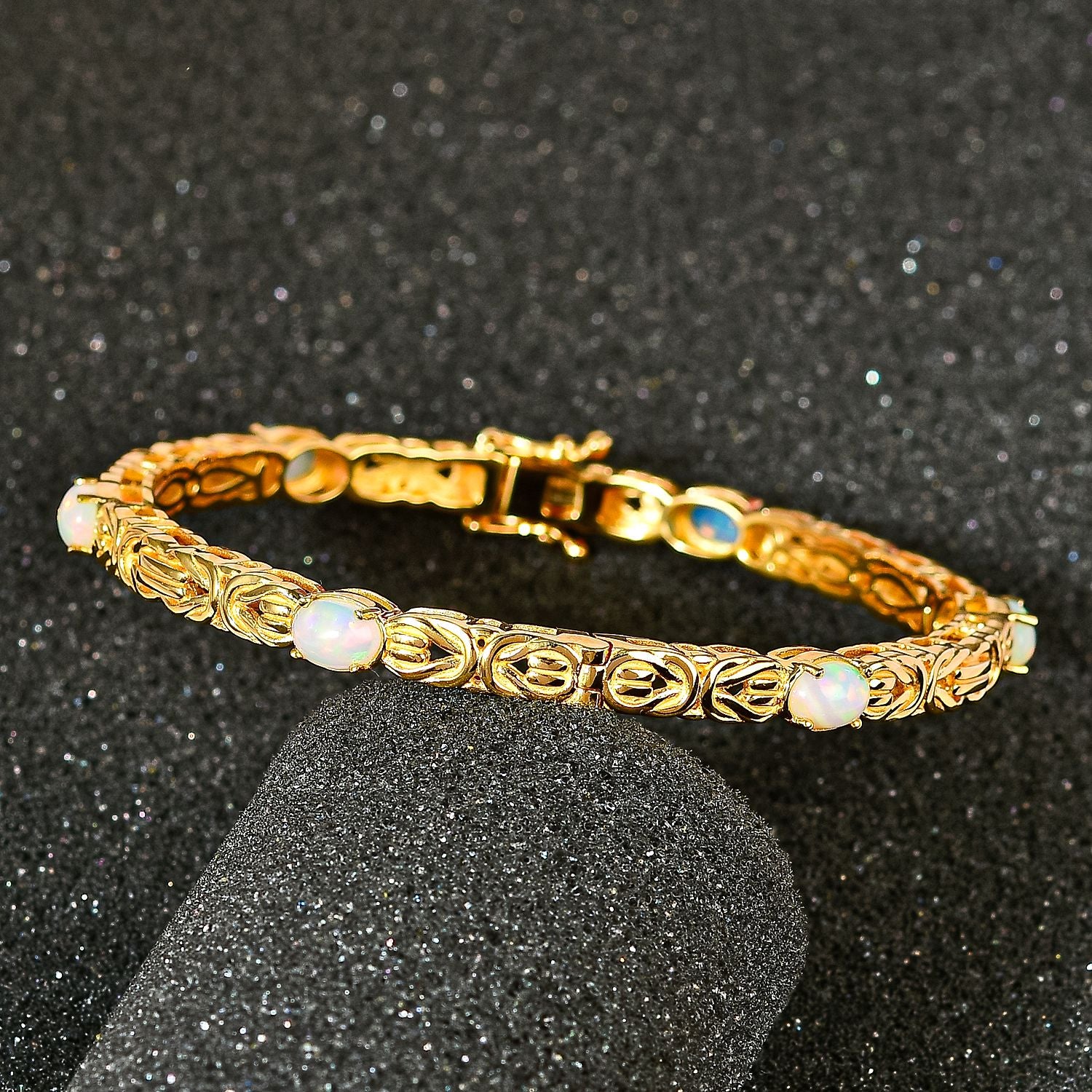 AA Natürlicher, äthiopischer Welo Opal Armreif ca. 19 cm 925 Silber Gelbgold Vermeil ca. 3.18 ct
