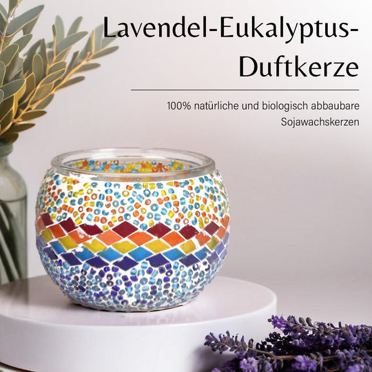 Lavendel-Eukalyptus Sojawachs-Duftkerze im Mosaikglas, Größe: 10 x 8 cm