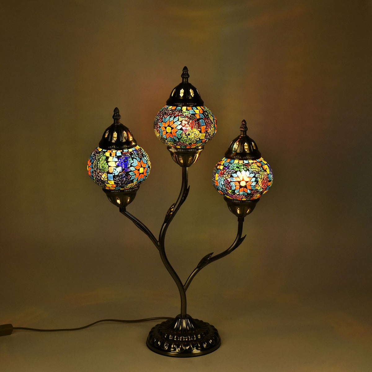 Handgefertigte Mosaikglaslampe im orientalischen Stil mit 3 Kugeln, 56 x 34 x 15, Sonnen