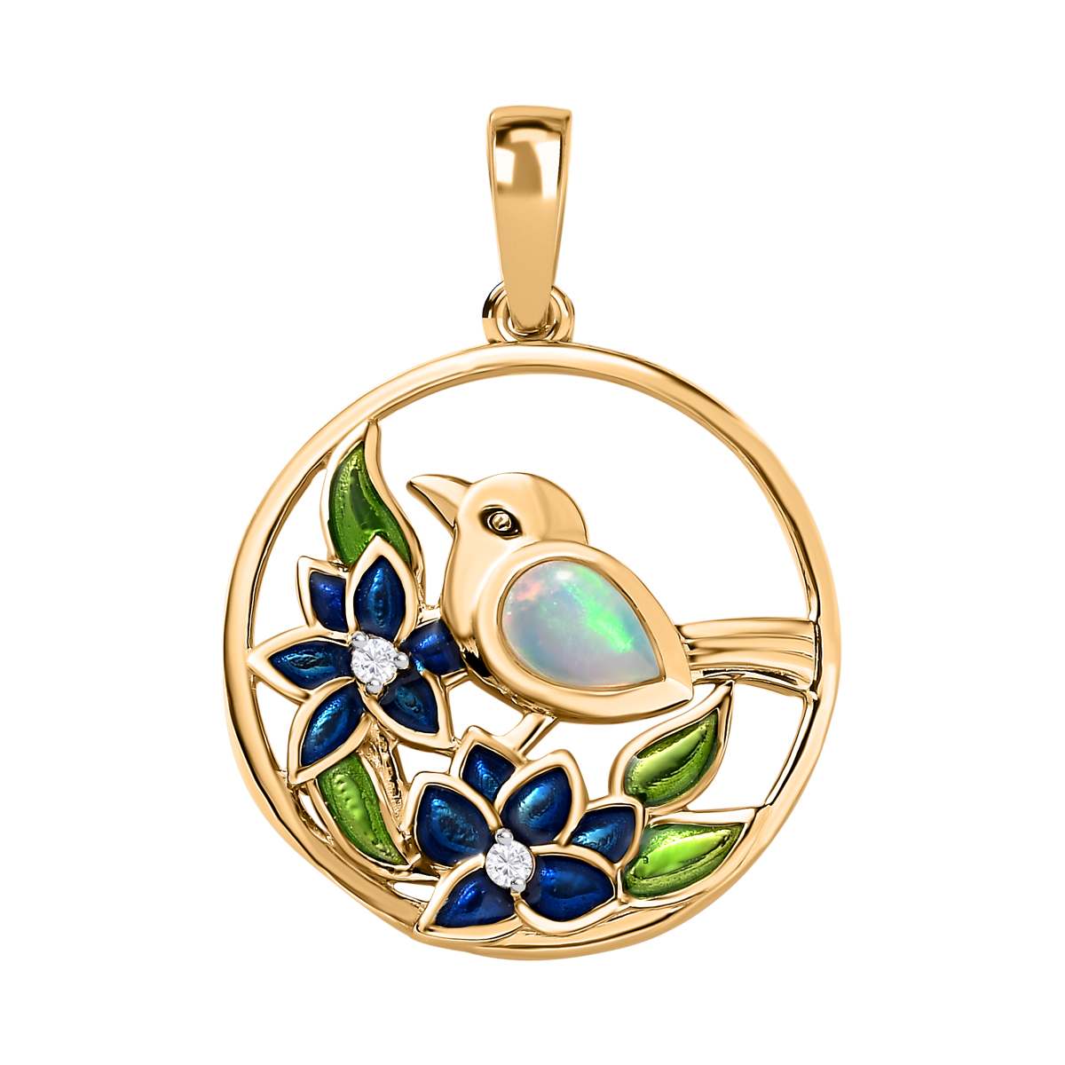 AA Natürlicher, äthiopischer Welo Opal, Weißer Zirkon Anhänger 925 Silber Gelbgold Vermeil ca. 0,34 ct.
