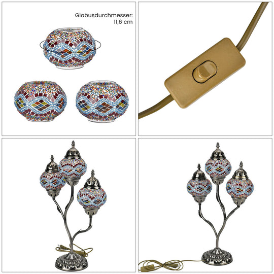 Handgefertigte Mosaikglaslampe im orientalischen Stil mit 3 Kugeln, 56 x 34 x 15, Wellen