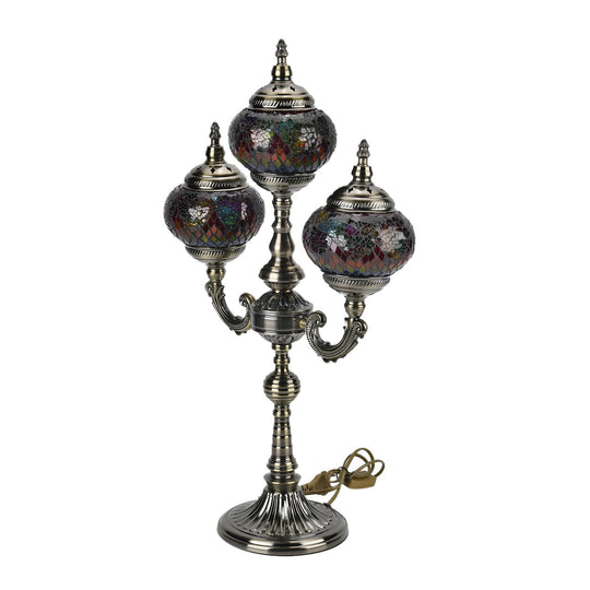 Mosaikglas-Tischlampe mit 3 Kugeln und Bronzefarbenem Sockel, Größe 39x17.5x63 cm,