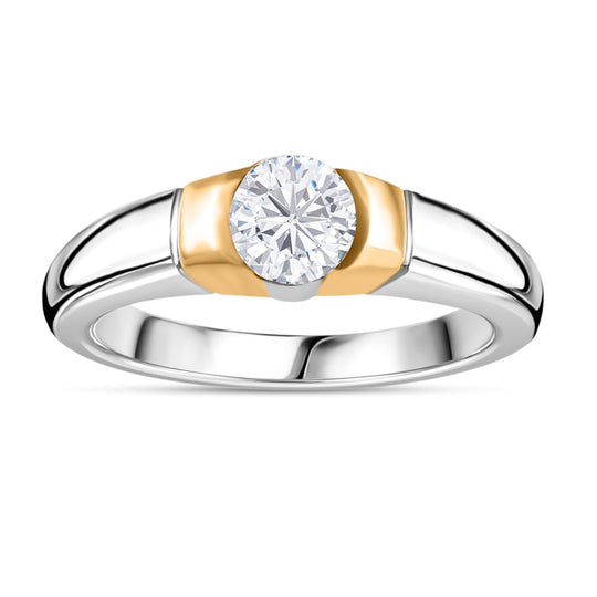 120 Facetten Moissanit Ring mit zentralem Stein in Goldfassung, 925 Silber, bicolor, ca. 0.45 ct