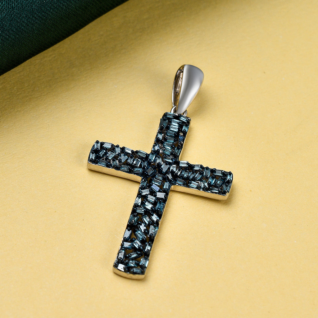 Blauer Diamant Kreuz Anhänger, 925 Silber platiniert ca. 0.60 ct