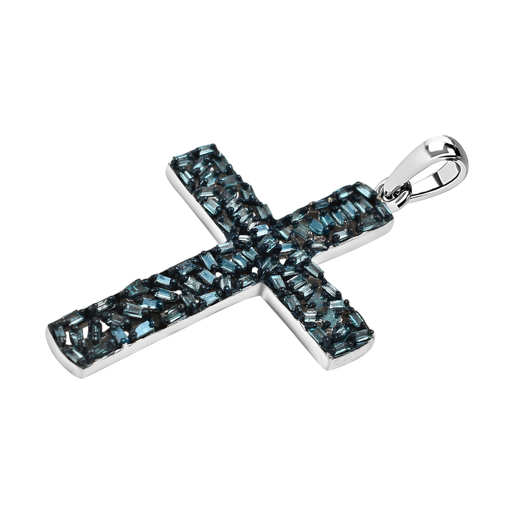 Blauer Diamant Kreuz Anhänger, 925 Silber platiniert ca. 0.60 ct