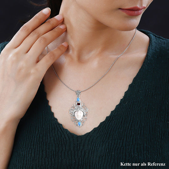 Royal Bali - Ox Bone, Rote Granat, Sleeping Beauty Türkis Anhänger, 925 Silber ca. 1.32 ct