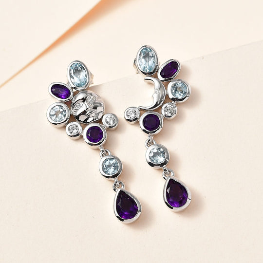 GP Celestial Dream Kollektion - Afrikanischer Amethyst, Himmelblauer Topas Ohrringe, 925 Silber platiniert ca. 4.96 ct
