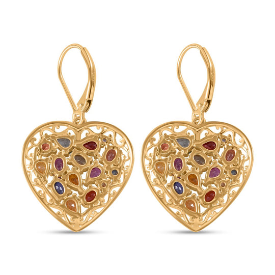 Regenbogen-Saphir Herz Ohrringe, 925 Silber Gelbgold Vermeil, ca. 5.42 ct