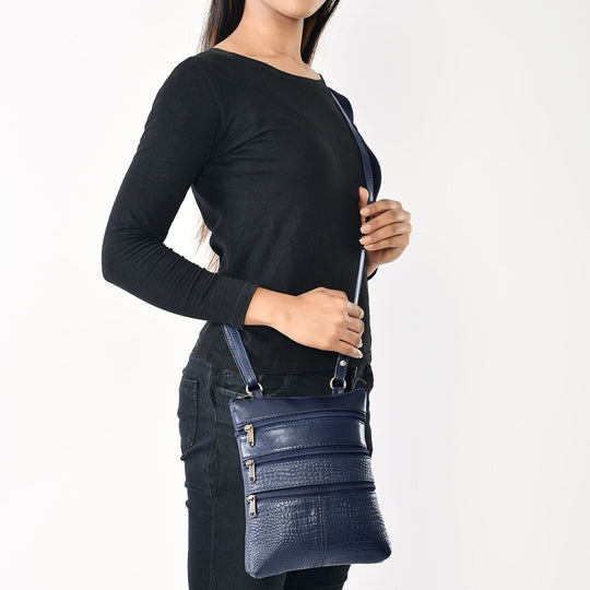 2-teiliges Reisetaschen-Set aus 100 % Echtleder, Croco-Prägung, (44 x 20 x 23 cm) und Umhängetasche (20 x 4 x 24  cm), Marineblau
