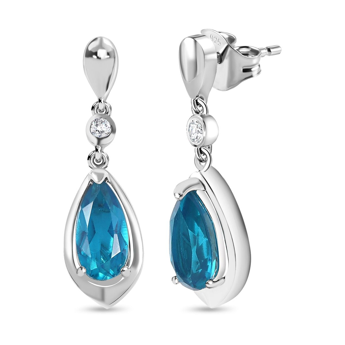 Capri Blau Quarz Triplette, Weißer Zirkon Ohrringe 925 Silber rhodiniert ca. 4,22 ct.