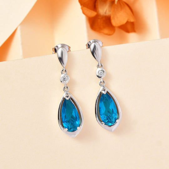 Capri Blau Quarz Triplette, Weißer Zirkon Ohrringe 925 Silber rhodiniert ca. 4,22 ct.