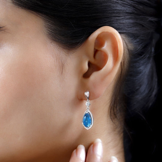 Capri Blau Quarz Triplette, Weißer Zirkon Ohrringe 925 Silber rhodiniert ca. 4,22 ct.