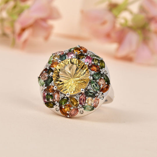 Citrin, Mehrfarbig-Turmalin Ring 925 Silber rhodiniert ca. 9,45 ct
