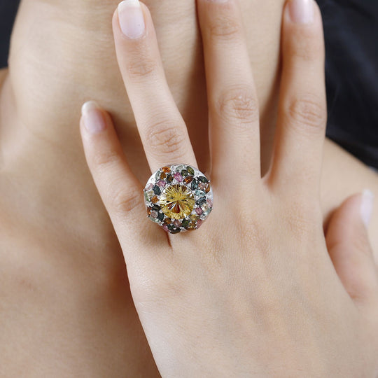 Citrin, Mehrfarbig-Turmalin Ring 925 Silber rhodiniert ca. 9,45 ct