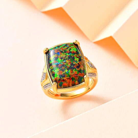 Labor erstellt schwarzen Opal, Weißer Zirkon Ring 925 Silber Gelbgold Vermeil ca. 5,74 ct