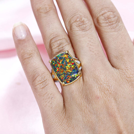 Labor erstellt schwarzen Opal, Weißer Zirkon Ring 925 Silber Gelbgold Vermeil ca. 5,74 ct
