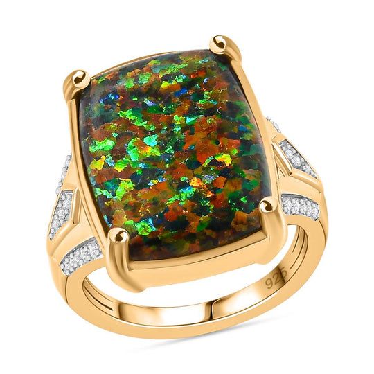 Labor erstellt schwarzen Opal, Weißer Zirkon Ring 925 Silber Gelbgold Vermeil ca. 5,74 ct