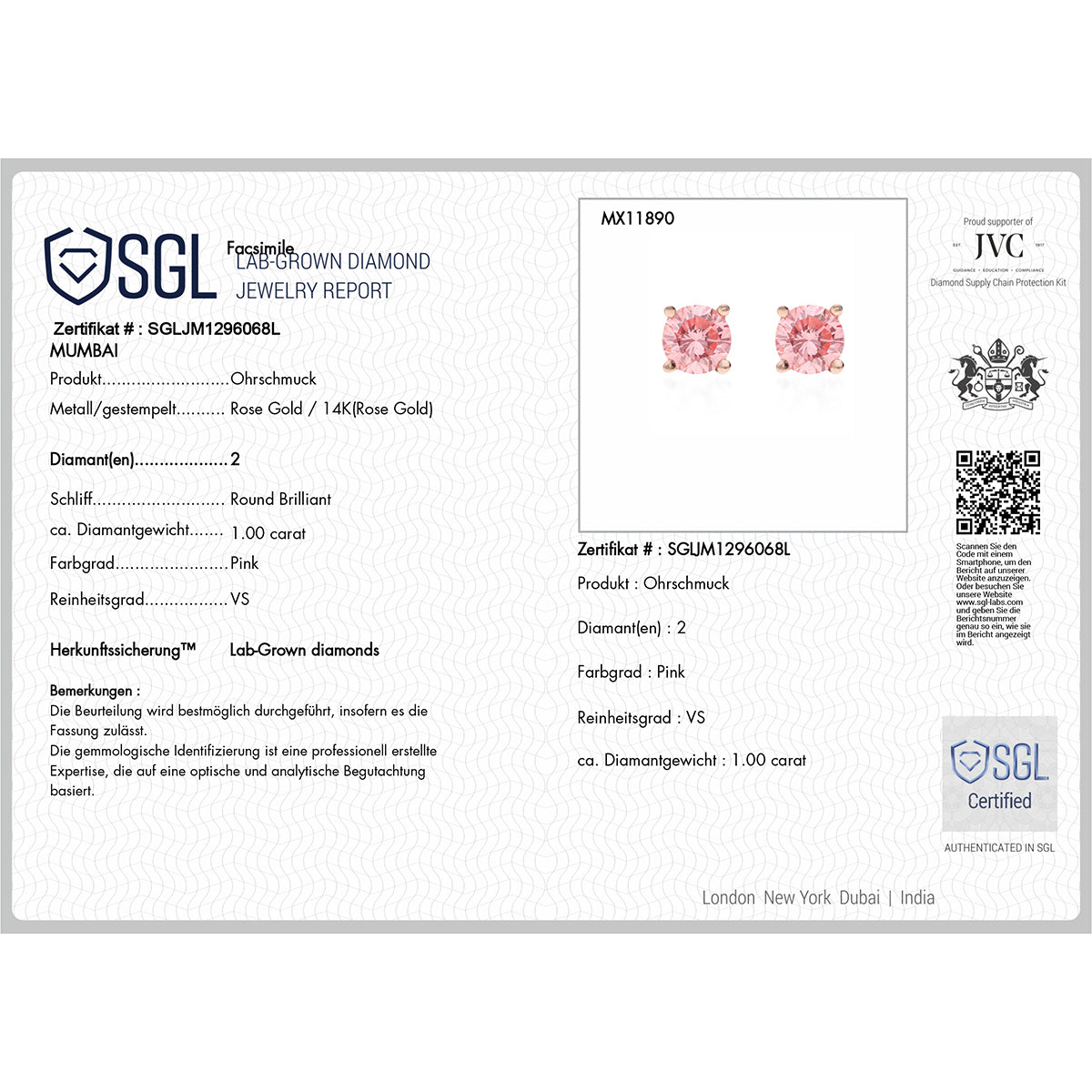 LUXURIANT DIAMOND - Lab Grown Rosa Diamant (VS-Vivid Pink) Ohrringe, SGL zertifiziert, 585 Gold ca. 1.00 ct