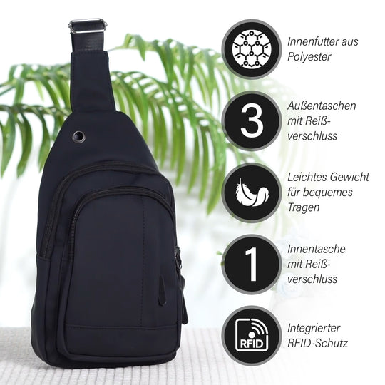 RFID Nylon-Slingbag mit Kopfhöreröffnung, 17x8x30,5 cm, Maße: 17x8x30,5 cm, Blau