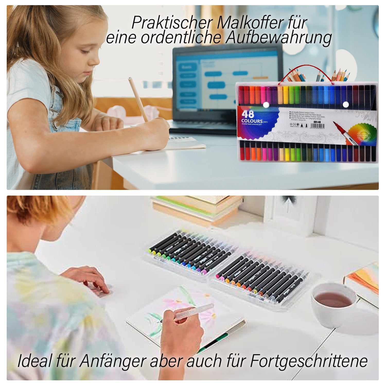 Kreativ Set 48-teilig - Doppelspitzen Pinsel- und Fineliner-Stifte mit Tragbarer Aufbewahrungsbox