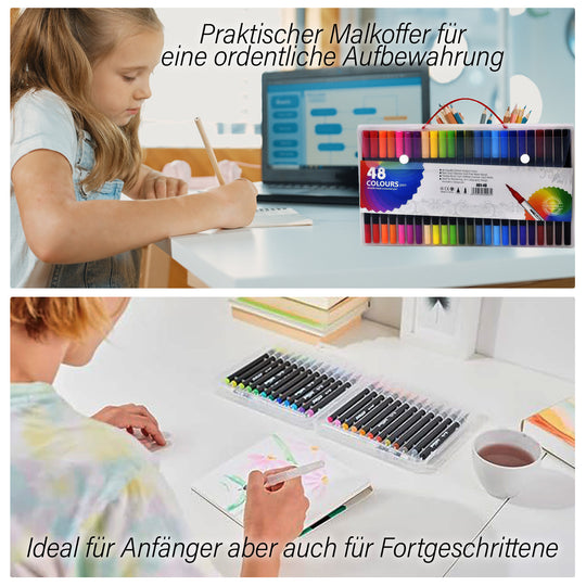 Kreativ Set 48-teilig - Doppelspitzen Pinsel- und Fineliner-Stifte mit Tragbarer Aufbewahrungsbox