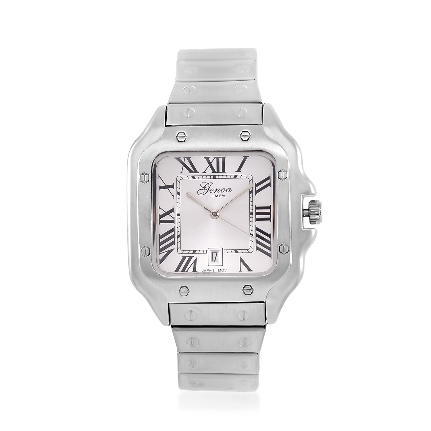 GENOA - Elegante Japan-Uhr mit Datumsfunktion, IPS-versilbertem Gehäuse, römischen Ziffern, Edelstahlarmband, 3 ATM Wasserdichtigkeit, 20 cm