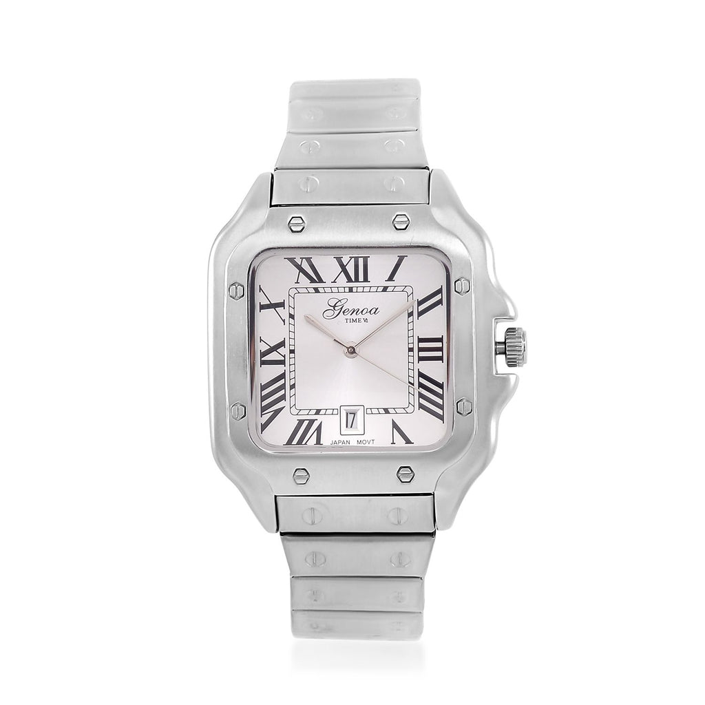 GENOA - Elegante Japan-Uhr mit Datumsfunktion, IPS-versilbertem Gehäuse, römischen Ziffern, Edelstahlarmband, 3 ATM Wasserdichtigkeit, 20 cm
