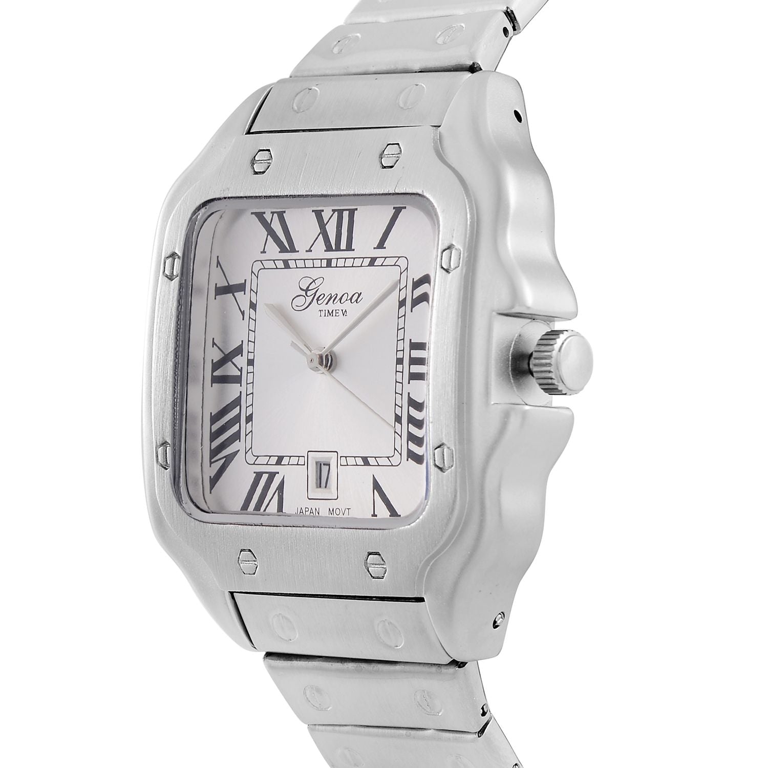GENOA - Elegante Japan-Uhr mit Datumsfunktion, IPS-versilbertem Gehäuse, römischen Ziffern, Edelstahlarmband, 3 ATM Wasserdichtigkeit, 20 cm