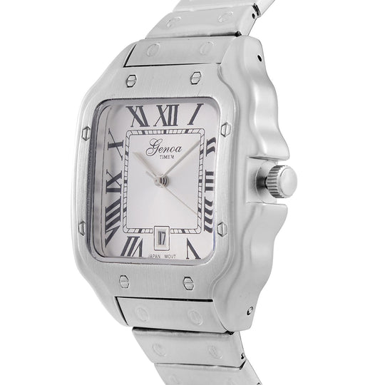GENOA - Elegante Japan-Uhr mit Datumsfunktion, IPS-versilbertem Gehäuse, römischen Ziffern, Edelstahlarmband, 3 ATM Wasserdichtigkeit, 20 cm