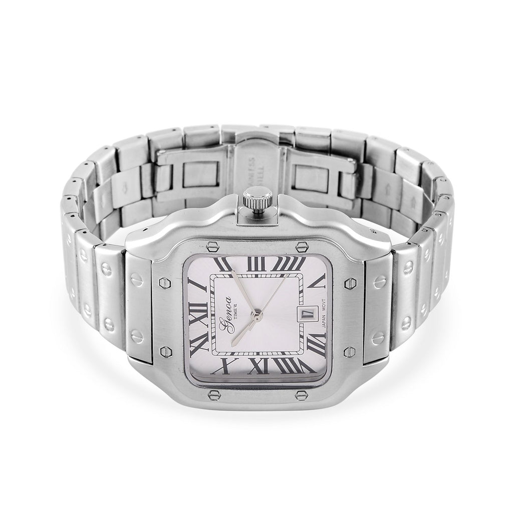 GENOA - Elegante Japan-Uhr mit Datumsfunktion, IPS-versilbertem Gehäuse, römischen Ziffern, Edelstahlarmband, 3 ATM Wasserdichtigkeit, 20 cm