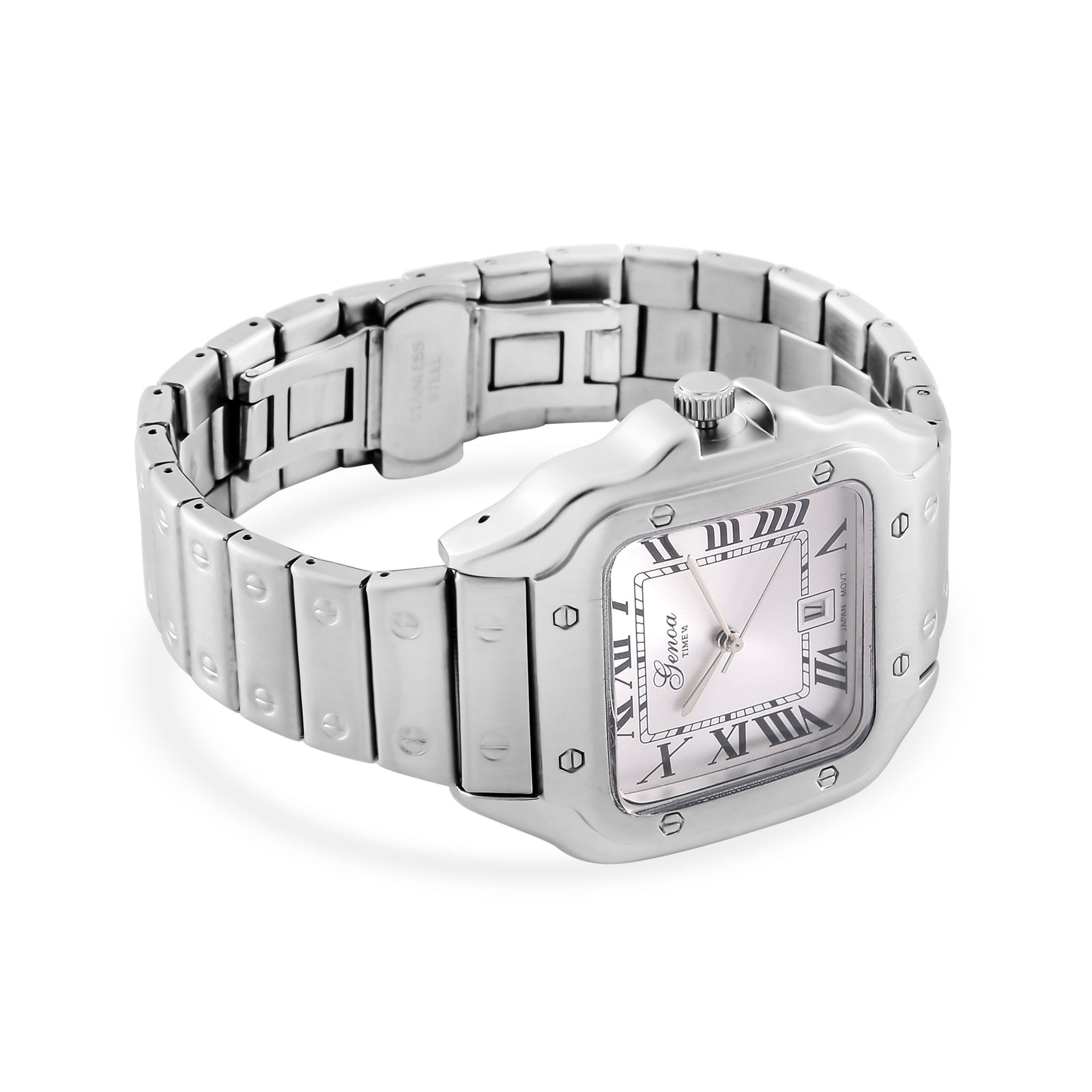 GENOA - Elegante Japan-Uhr mit Datumsfunktion, IPS-versilbertem Gehäuse, römischen Ziffern, Edelstahlarmband, 3 ATM Wasserdichtigkeit, 20 cm