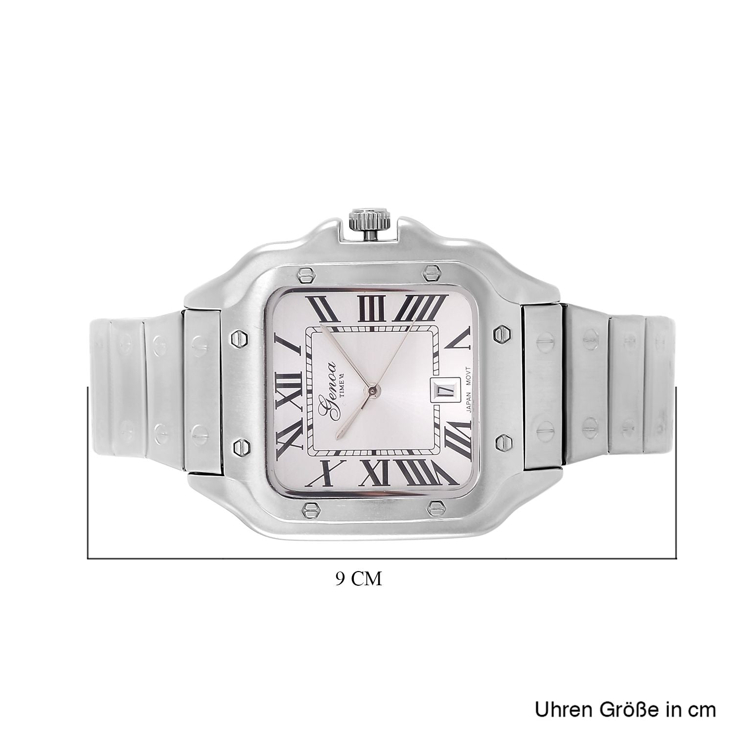 GENOA - Elegante Japan-Uhr mit Datumsfunktion, IPS-versilbertem Gehäuse, römischen Ziffern, Edelstahlarmband, 3 ATM Wasserdichtigkeit, 20 cm