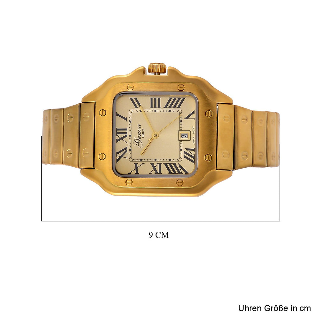 GENOA - Elegante Japan-Uhr mit Datumsfunktion, IPS-versilbertem Gehäuse, römischen Ziffern, Edelstahlarmband, 3 ATM Wasserdichtigkeit, 20 cm, vergoldet