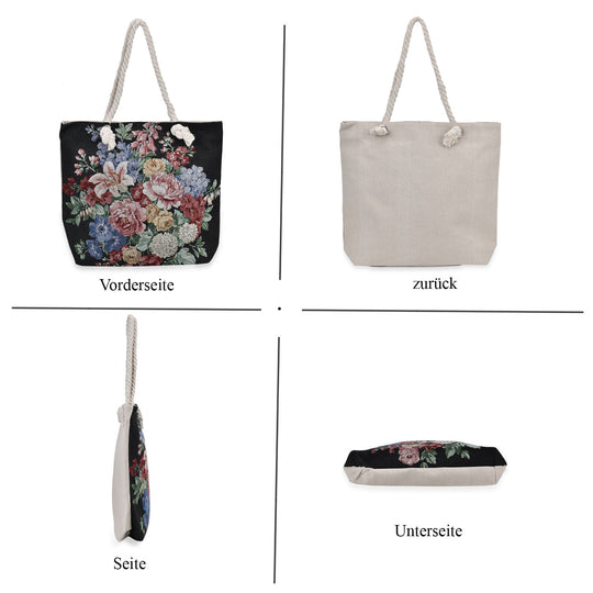 Gewebte Jutetasche mit buntem Blumenmuster, Maße: 42x34xx37cm, Schwarz