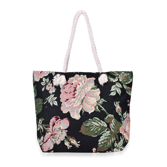 Gewebte Jutetasche mit buntem Blumenmuster, Maße: 42x34xx37cm, Schwarz