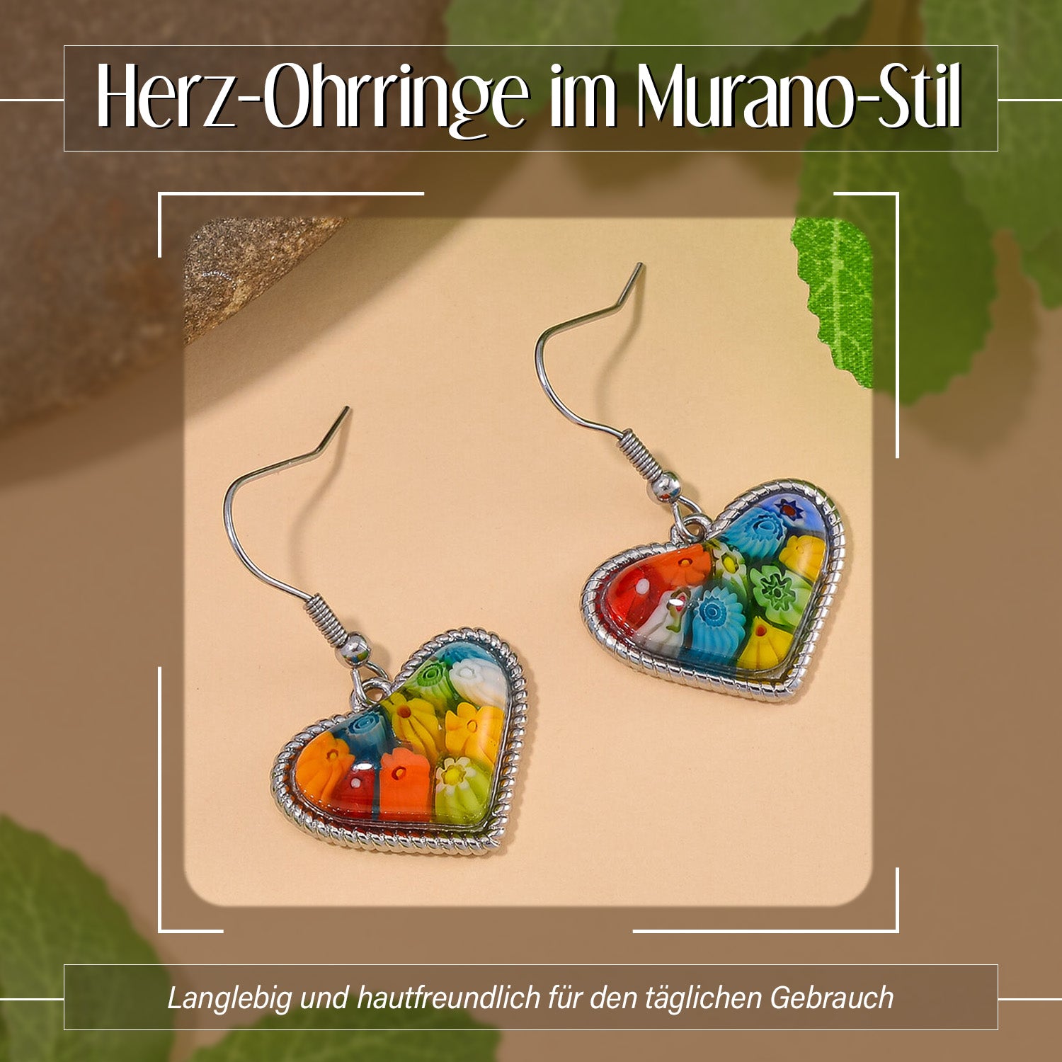 Mehrfarbiges Murano-Stil Glas Ohrringe 316L Edelstahl