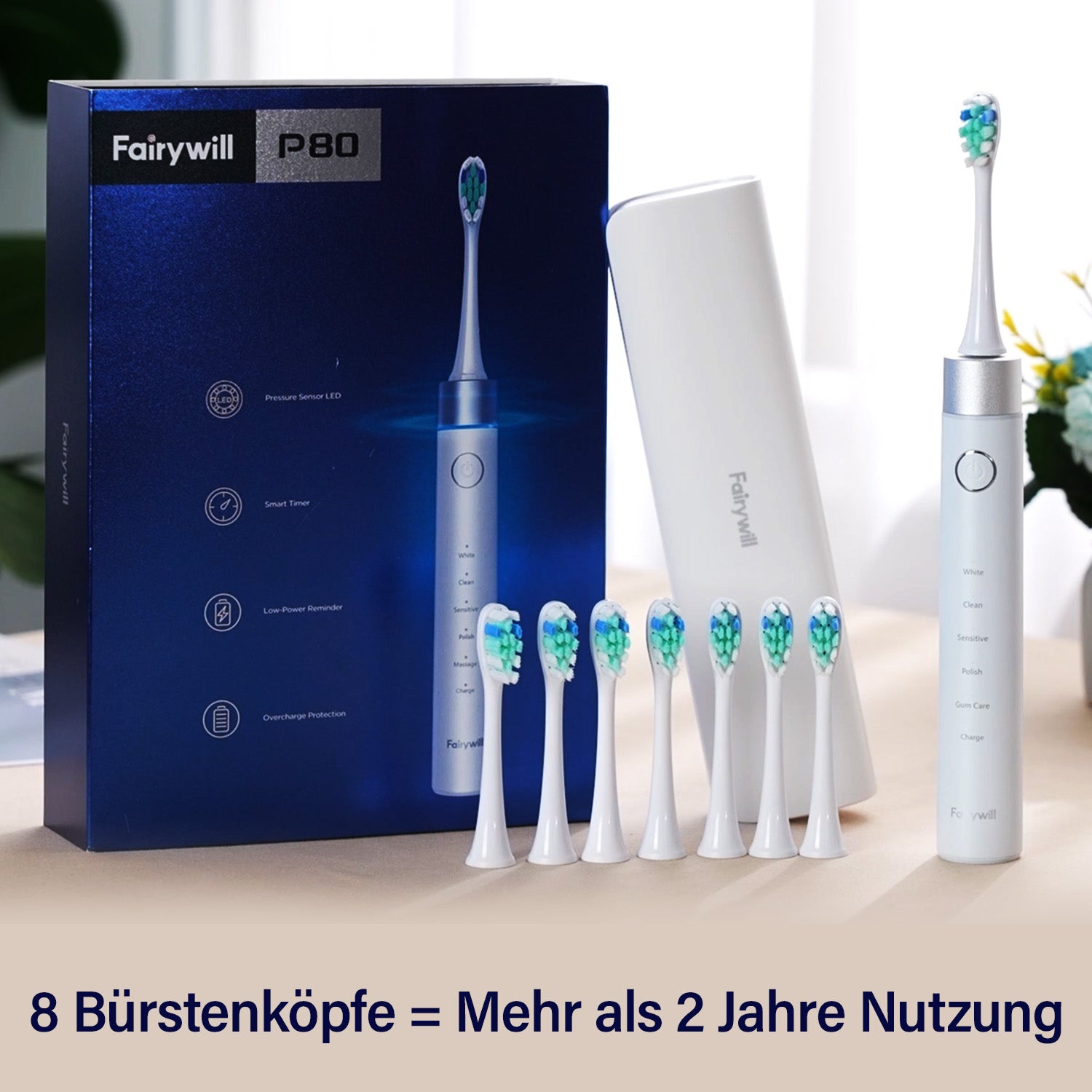 Fairwill Elektronische Schallzahnbürste mit 8 Bürstenköpfen, Maglev Motor, LED-Drucksensor, Wasserdicht IPX7, USB-Kabel, 5 Modi