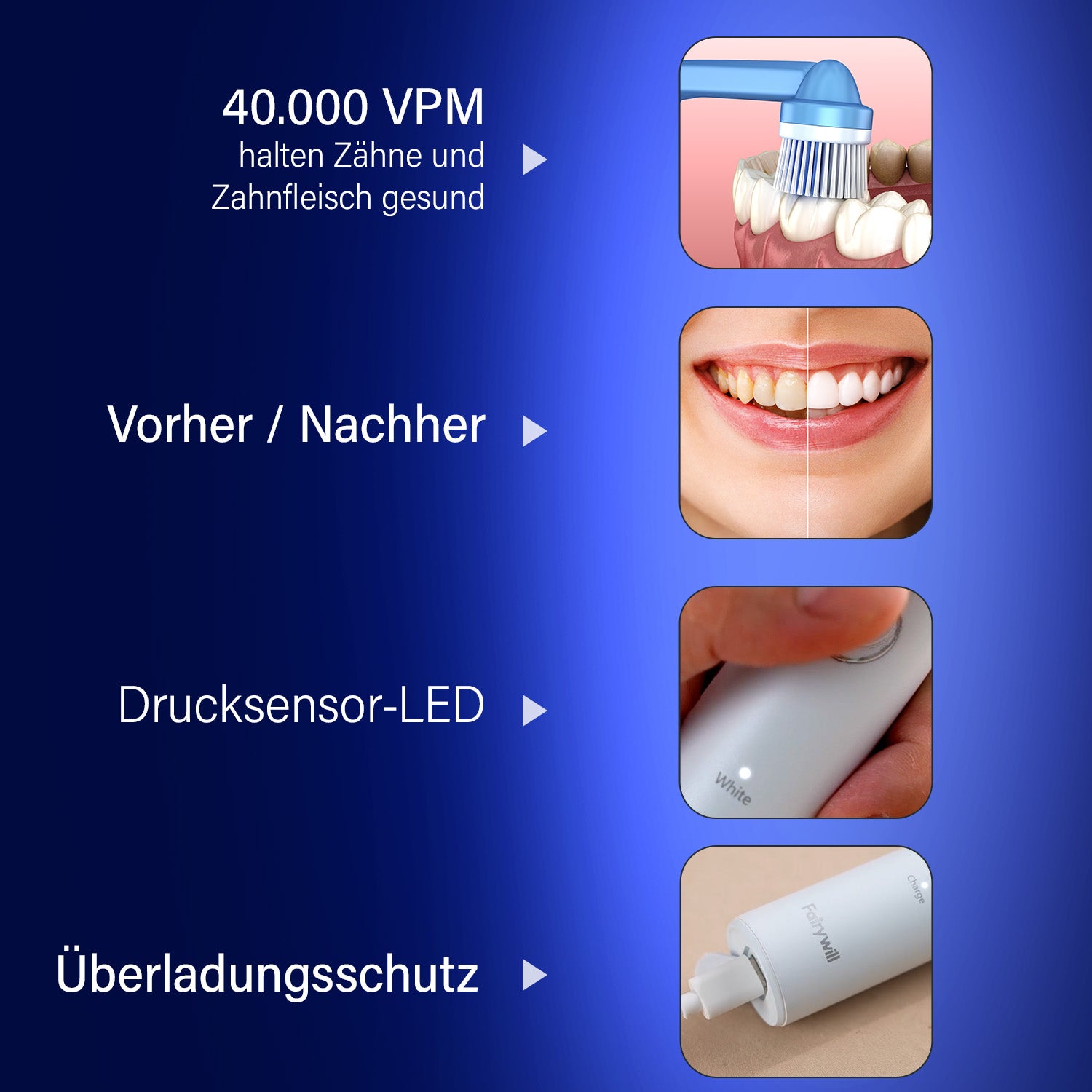 Fairwill Elektronische Schallzahnbürste mit 8 Bürstenköpfen, Maglev Motor, LED-Drucksensor, Wasserdicht IPX7, USB-Kabel, 5 Modi