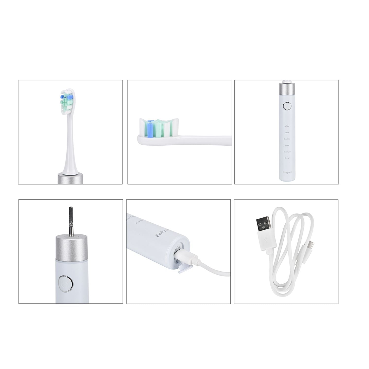 Fairwill Elektronische Schallzahnbürste mit 8 Bürstenköpfen, Maglev Motor, LED-Drucksensor, Wasserdicht IPX7, USB-Kabel, 5 Modi