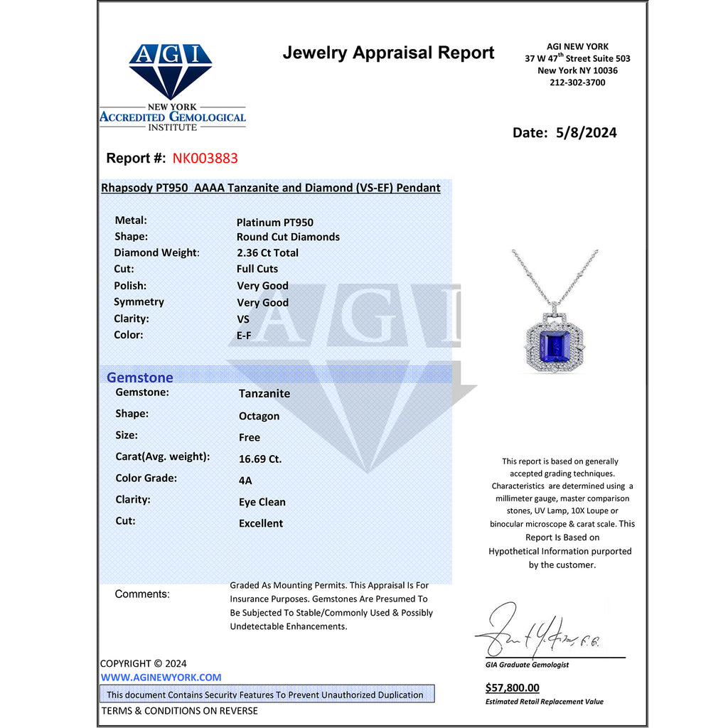 CHAIRMAN VAULT COLLECTION - AAAA Tansanit, Weißer Diamant AGI zertifiziert Halskette, zertifiziert und geprüft, 950 Platin ca. 20.05 ct